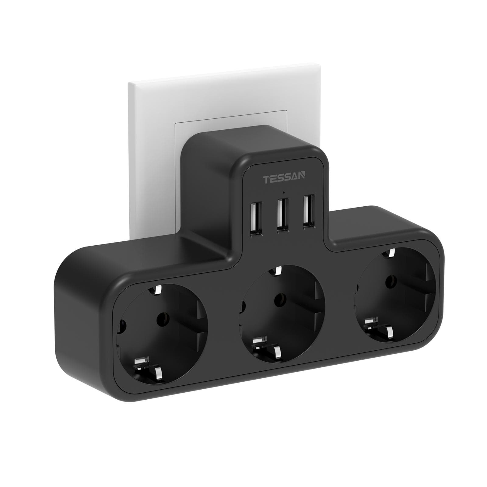 TESSAN USB Wall Socket Adapter EU Standard Plug with 3 Outlets and 3 USB, Multiple European Plug Power Strip Overload Protection 3 Outlets & 3 USB Ports gray