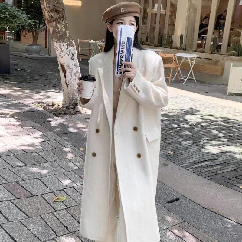 New Autumn and Winter Long-haired Alpaca Double-sided Wool Coat for Women with Thick Shoulder Pads Woolen Coat for Women M