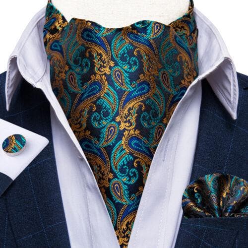 Mens Ascot Silk Cravat Blue Paisley Tie Handkerchief Cufflinks Set Formal Party LDAS2020