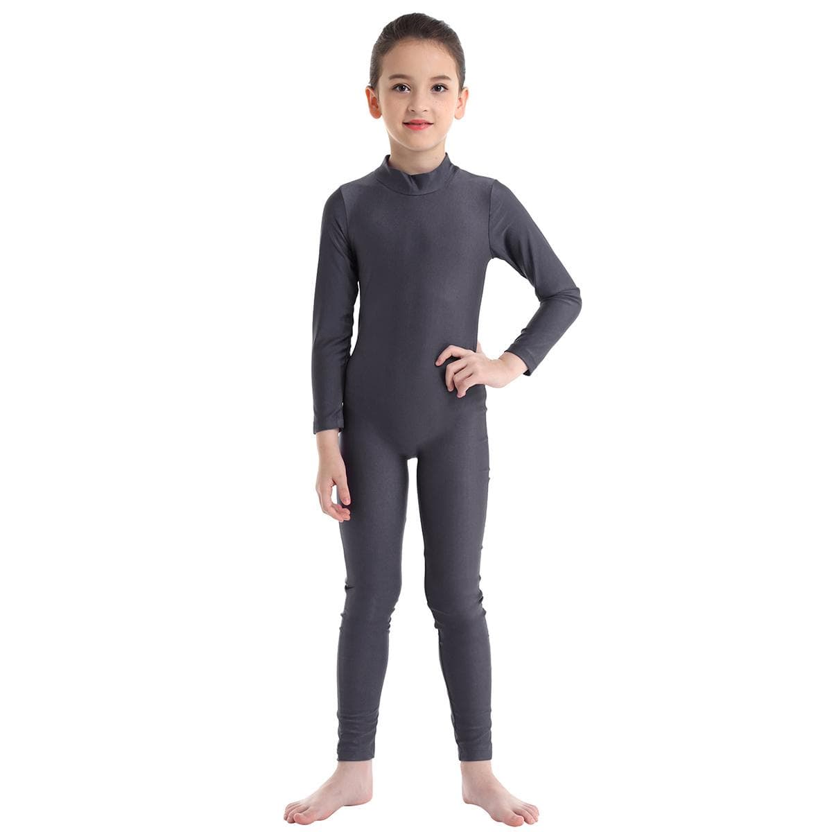 Children Girls Long Sleeve Dance Gymnastic Leotard Unitard Full Length Bodysuit Costume Dance Wear 9-10 Years dark gray