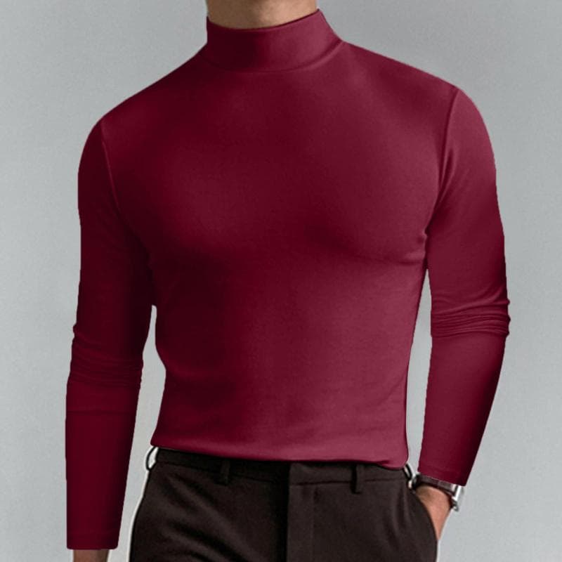 Male Autumn And Winter Solid Color T Shirt Top Turtleneck Long Sleeve Top Comfortable Aesthetic Men Clothes S wine red
