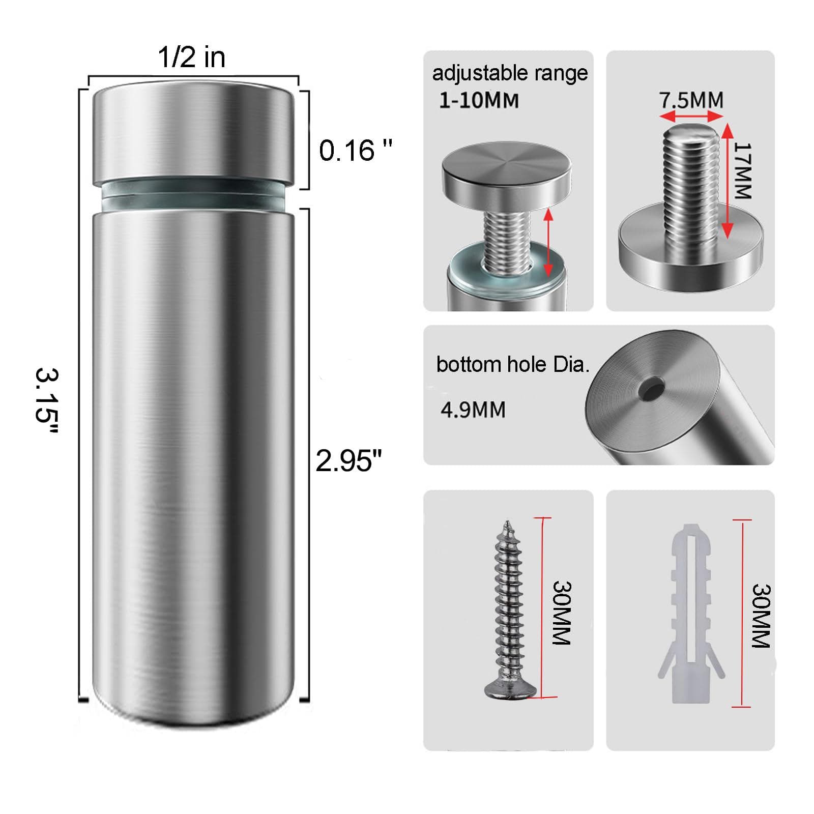 Sign Standoff Screws 1/2 x 1 Inch Stainless Steel Stand Off Wall Mounts Advertising Screw Hardware for Acrylic Signs (4Pcs)1/2" x 3.15" silver