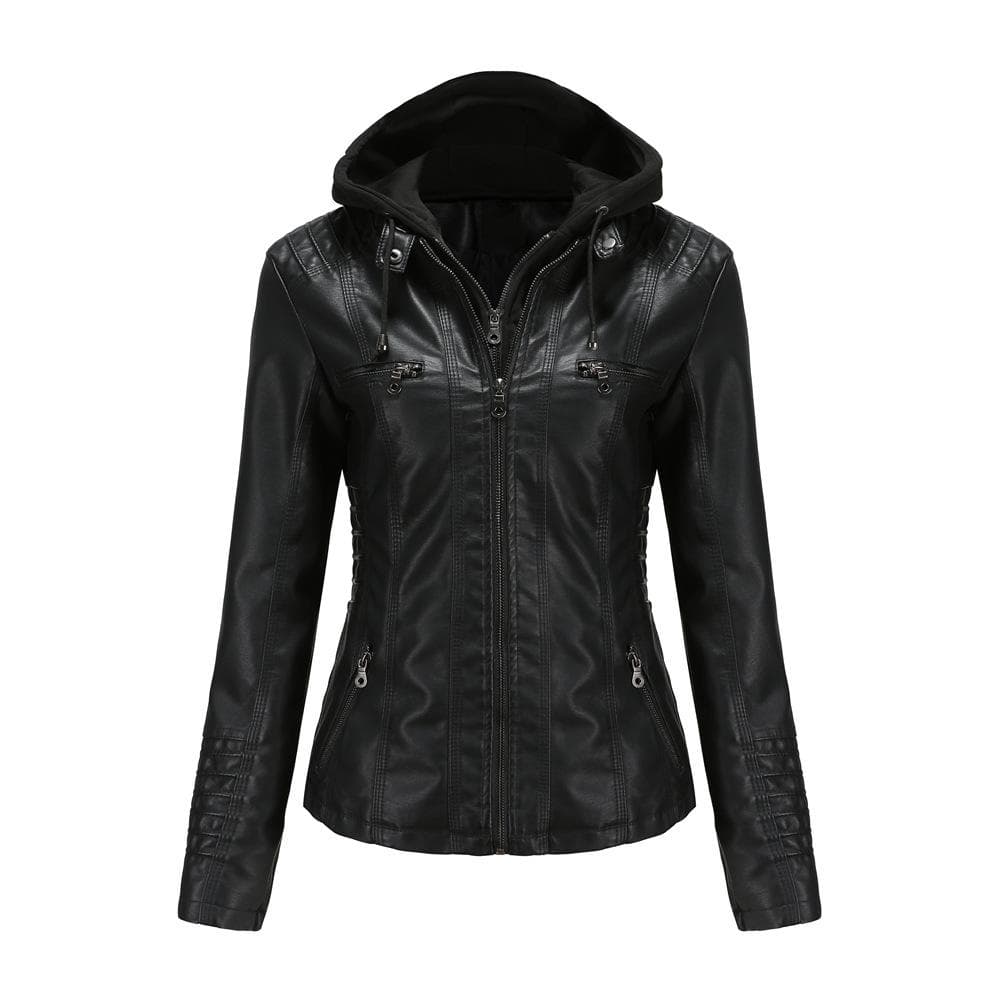 Hooded Leather Jacket Two-piece Removable Large Size Leather Jacket Women's Spring and Autumn Jacket M