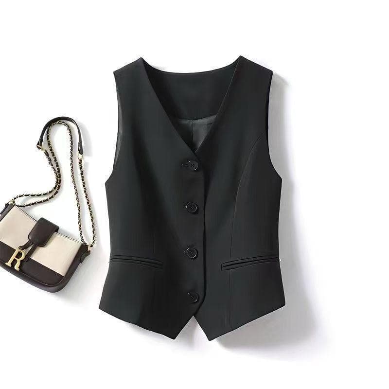 Women's Grey Slim Fit Suit Vest – Short Camisole Gilet for Spring/Autumn 2025 XXXL black
