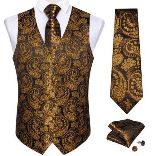 Dibangu Mens Yellow Paisley Vest Suit Waistcoat Hanky Cufflinks Tie Set Wedding S
