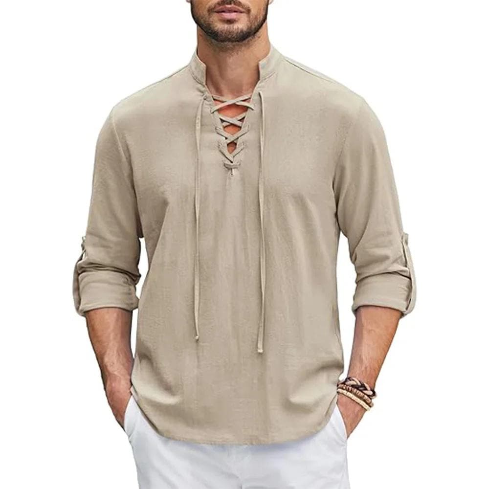 Men's Renaissance Shirt Pirate Medieval Viking top Cotton Linen Shirts Men Long Sleeved Halloween Costume S khaki