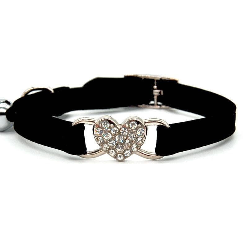 Cat Collar Crystal Elastic Collar Velvet Bell Heart Shape Collar Pet Necklacce Soft Bell Stretch Pet Kitten Collars  Adjustable black