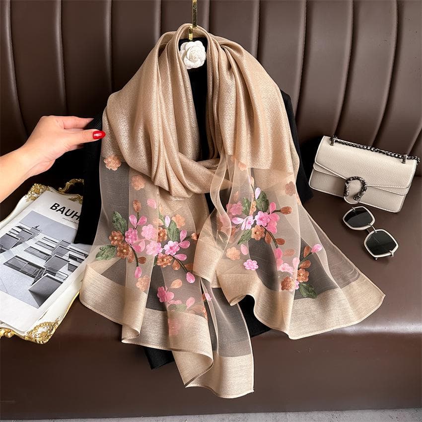 Elegant Silk Wool Embroidered Crabapple Flower Scarf - Double Layer, Thin, Large Shawl, Solid Color, All-Season Accessory. 200*70cm