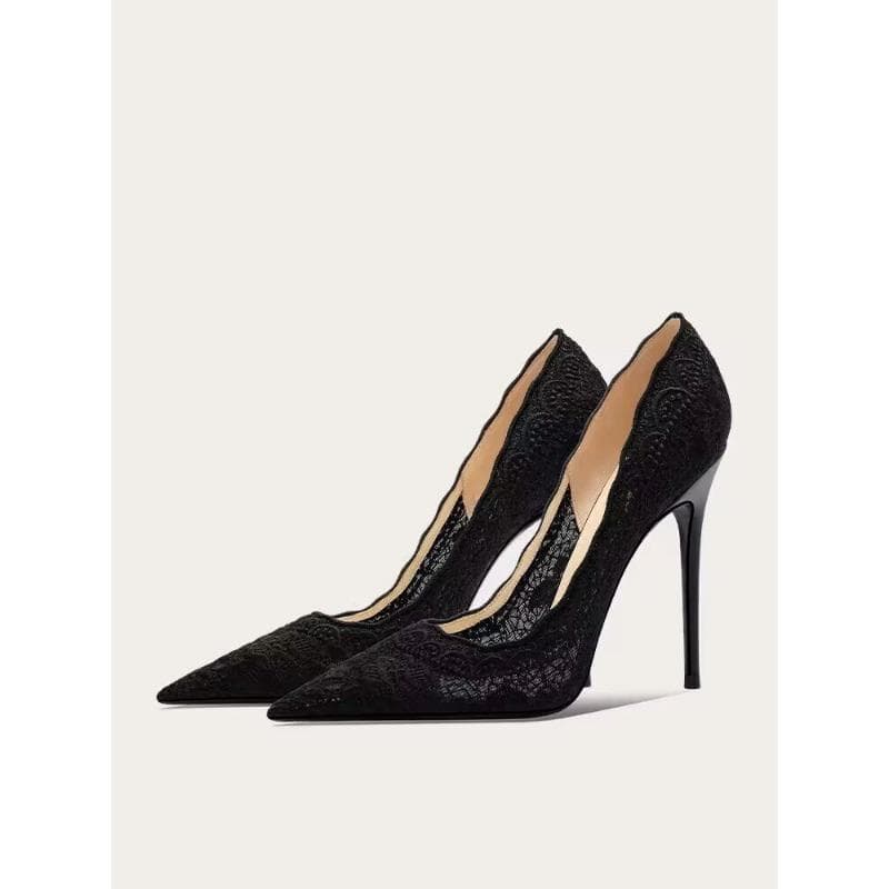Bride White Lace Stilettos High Heels Women Party Pointed Toe Mesh Shallow Pumps Luxury Design Leather Official Wedding Shoes 41 black