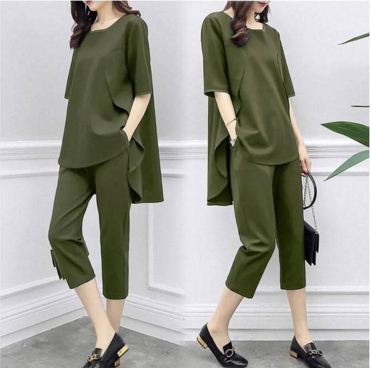 Two Pieces Women Sets Half Sleeve Asymmetrical Tops And Long Pants Cropped Trousers Casual Loose Clothes Plus Size XL green