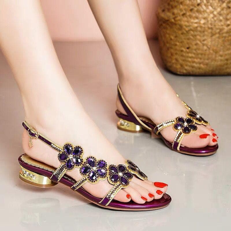 Women's Flip-flops Summer Rhinestone New Mid-heeled Outer Wear Diamond-studded Open-toe Fish Mouth High Heel Sexy Elegant Slippers Rubber Material 41