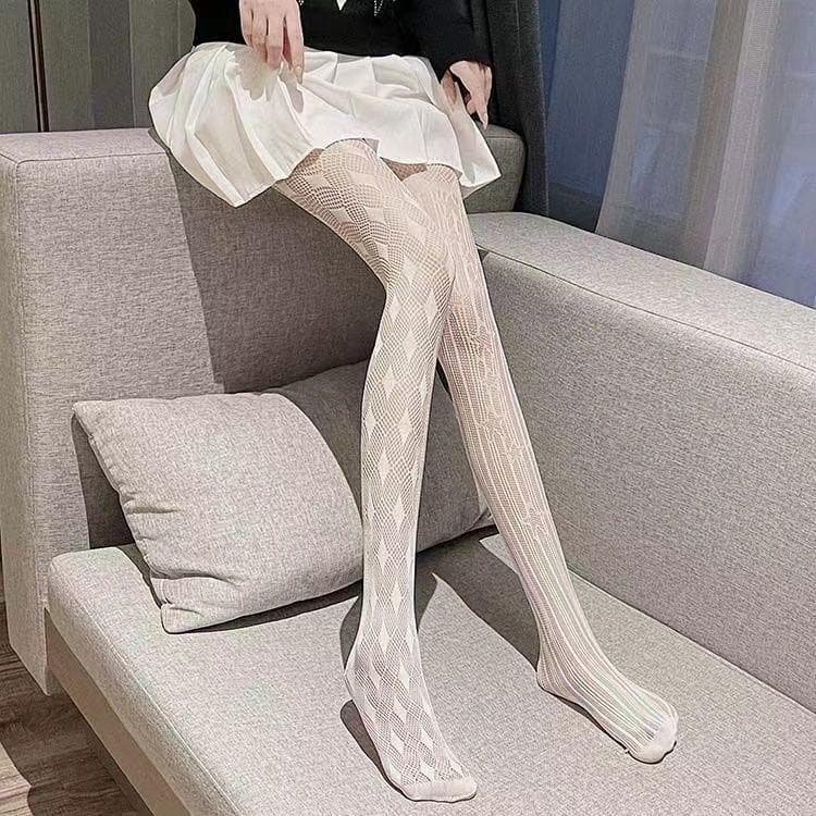 Asymmetric Stockings for Women, Sexy Black Striped Fishing Net Stockings, Diamond Geometric Pattern Bottoming Pantyhose Stockings [80-70kg] 155-175cm Wear