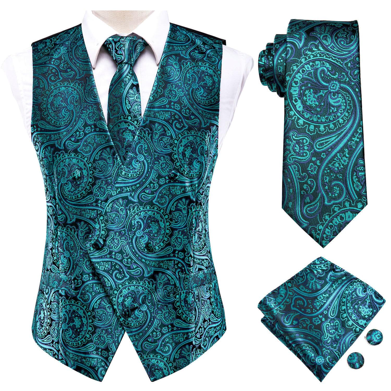 Fashion Mens Suit Vest Red Blue Paisley Waistcoat Tie Hanky Cufflinks Set for Wedding XXXL teal