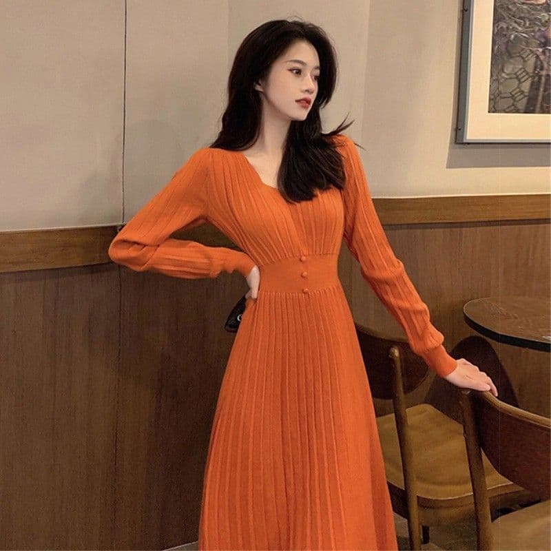 White knitted inner layer pullover dress women autumn and winter Korean dramas coat sweater medium length bottom pullover female One Size orange