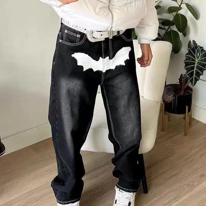Printed Jeans Men's High Street Fashion Loose Straight Wide Leg Pants S black