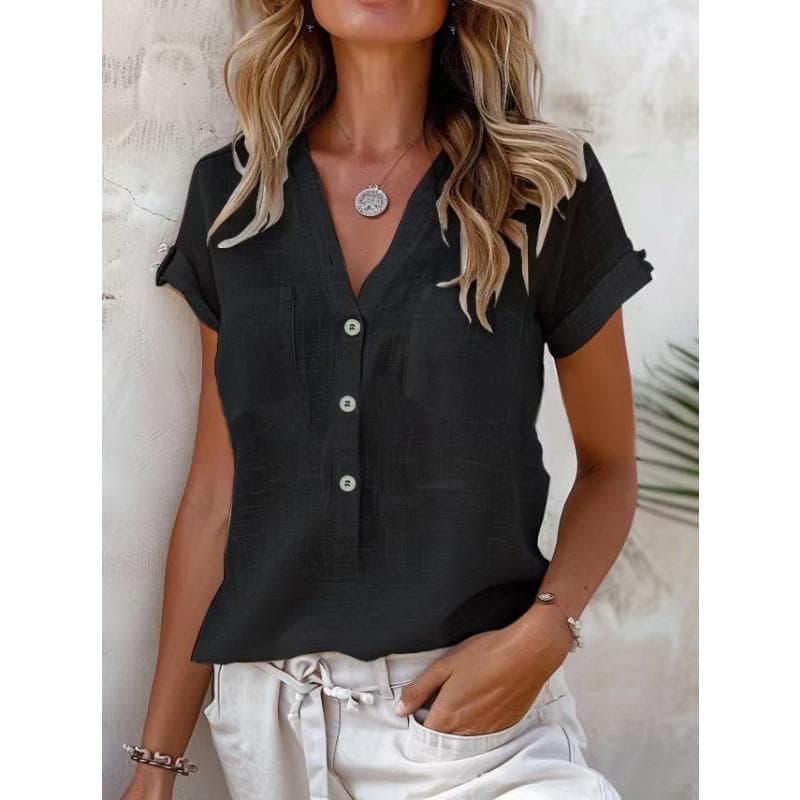 Spring Summer Women's Top Solid Color Twisted Buckle Fashion Short Sleeve T-Shirts Women’s M black