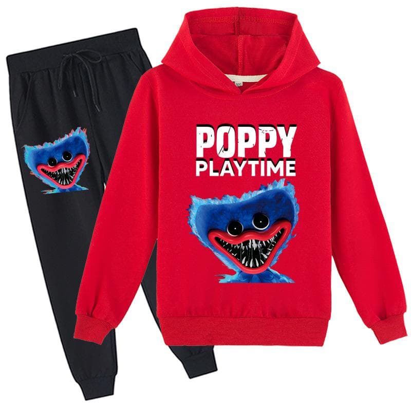 Kids 3D hoodie set Huggy Wuggy pullover tracksuit Poppy Playtime Children Sweater+ Pants 120cm red