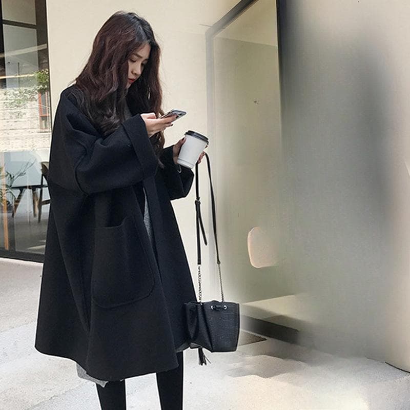 Loose Woolen Coat Women's Winter Korean Version Temperament Medium and Long Large Size Cocoon Woolen Coat S black