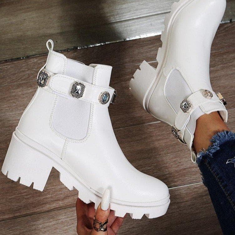 New Women Ankle Boots Crystal Rhinestone Slip On Platform PU Leather Women's Booties Spring Autumn Females Footwear 36 white