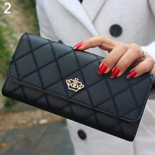 New Women Quilted Crown Clutch Long Purse Faux Leather Wallet Card Holder Handbag black