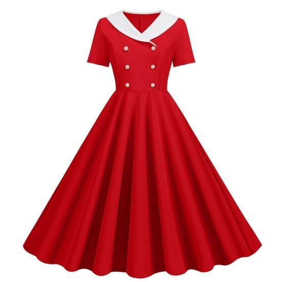 Women Prom Party Dress Vinatge 50s Evening Dress A-line Big Swing Short Sleeve V Neck Button Decor Fake Double-breasted Hidded Zipper Solid L red