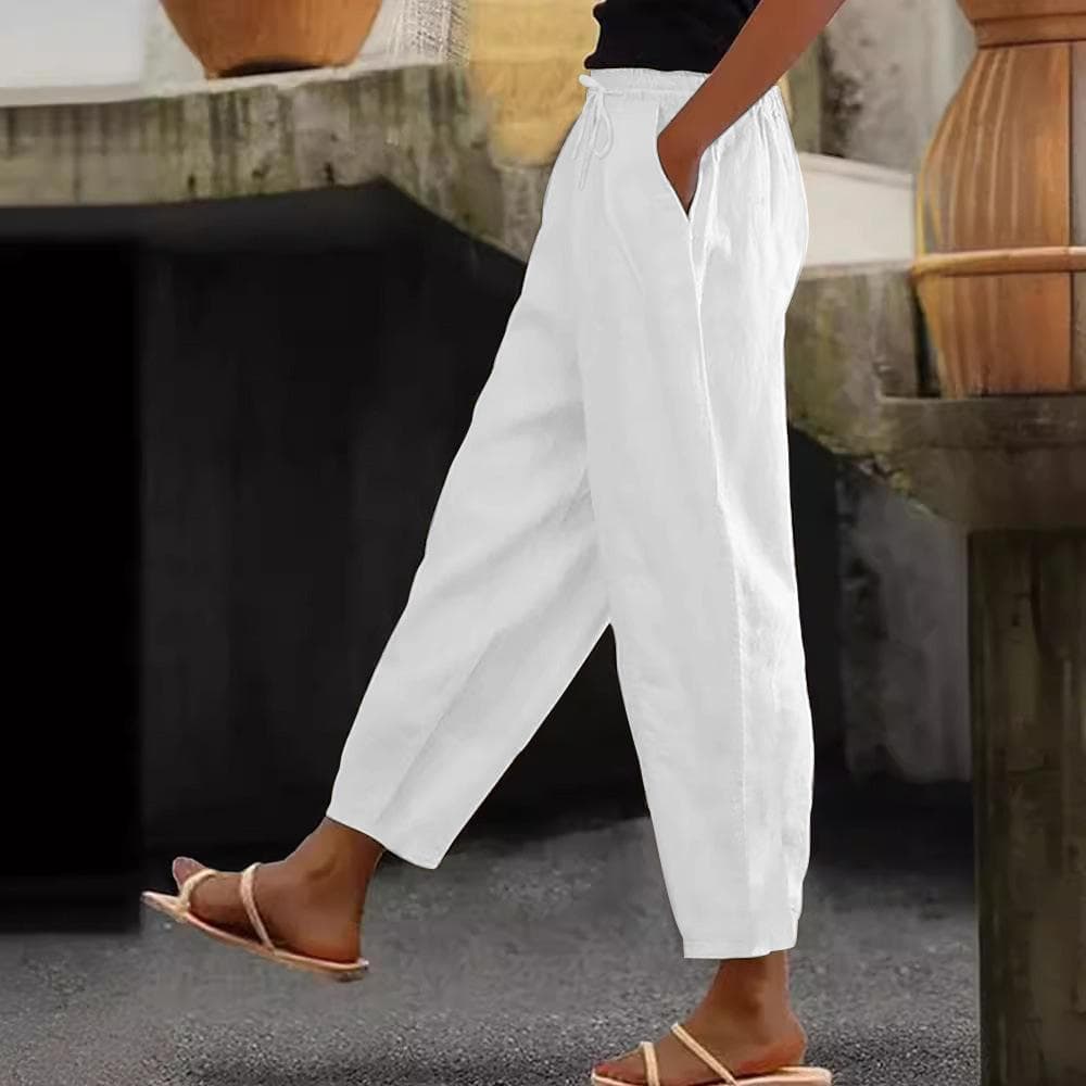Women's Cotton Linen Trouser Solid Color Elasticated Waist Trousers Casual Straight Leg Bottoms with Pockets M white