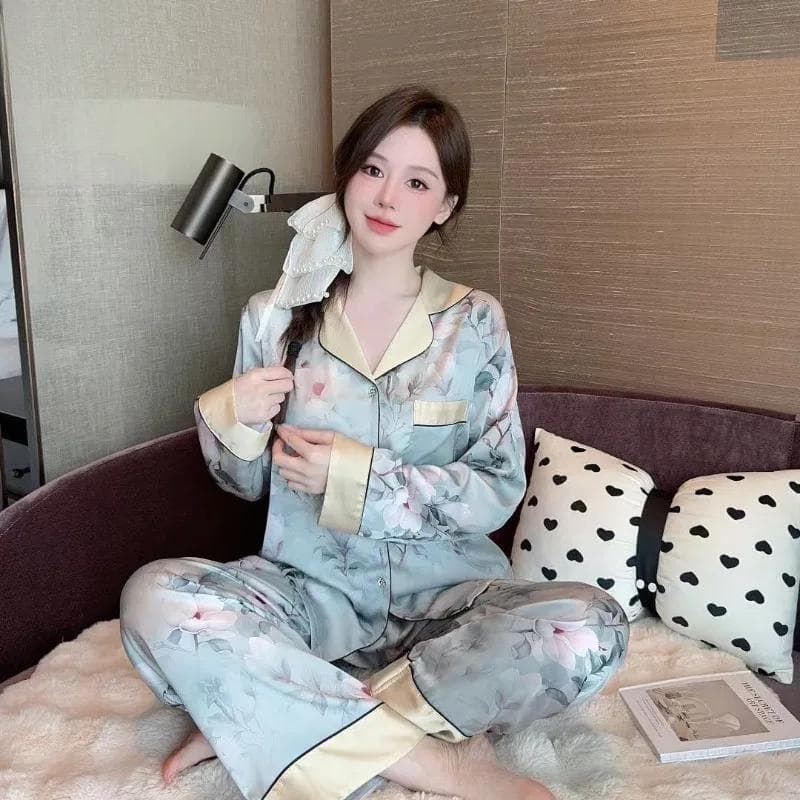 Spring and Autumn New Cardigan Ice Silk Long Sleeve Pants Two-piece Butterfly Printed Classical Home Clothes XXL