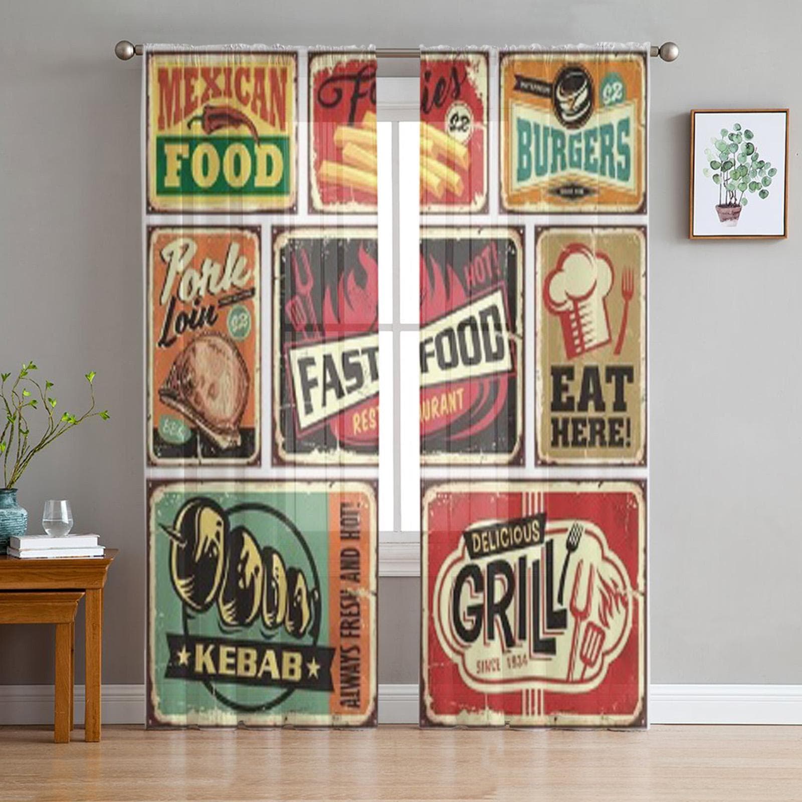 Retro Food Restaurant Signs And Posters Tulle Sheer Curtains for Living Room Bedroom Kitchen Decoration Voile Organza Curtains 135W x 114H(cm)