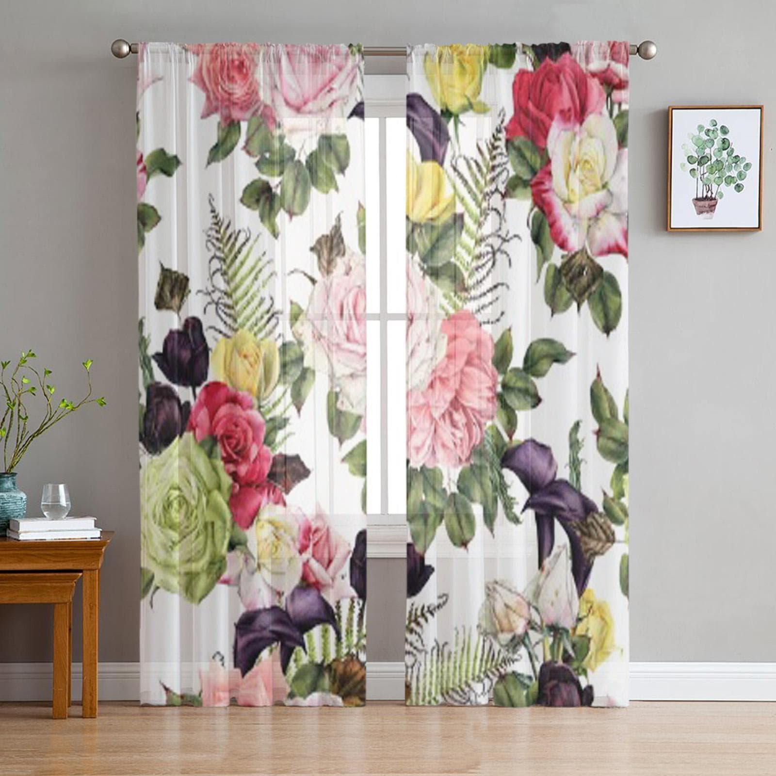 Floral Roses Watercolor Flowers Chiffon Sheer Curtains for Living Room Bedroom Kitchen Decoration Window Voiles Tulle Curtain 135W x 114H(cm)