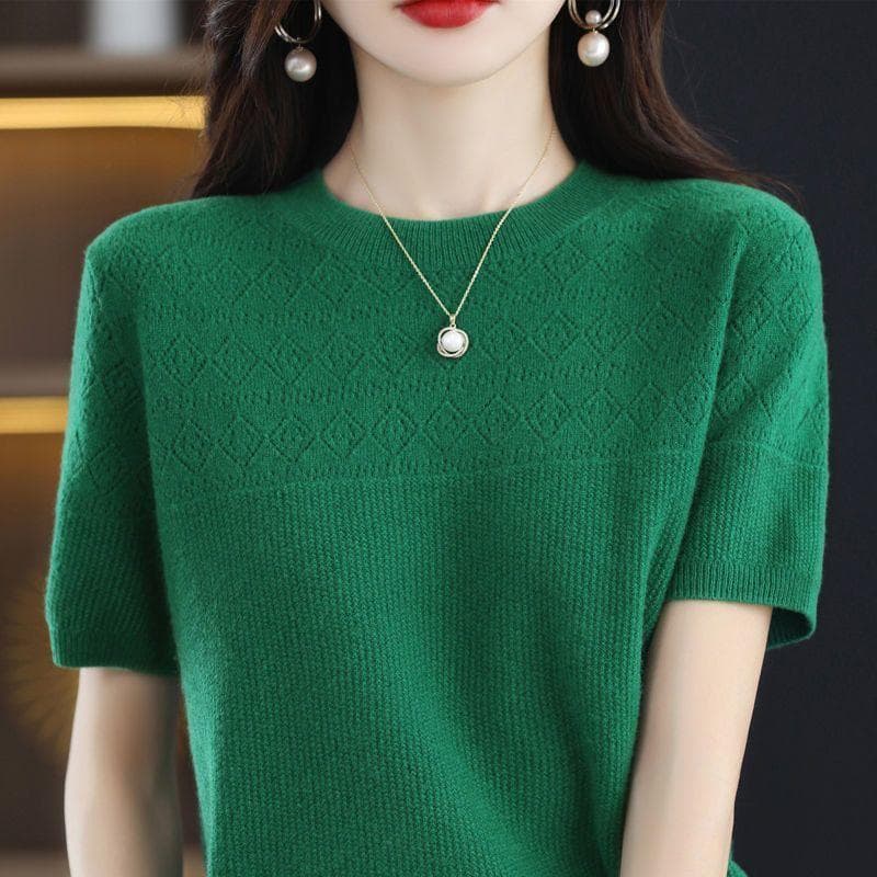 Knitted Shirt Hollowed Out T-shirt Spring New Round Neck Short Sleeved Loose Top 3XL