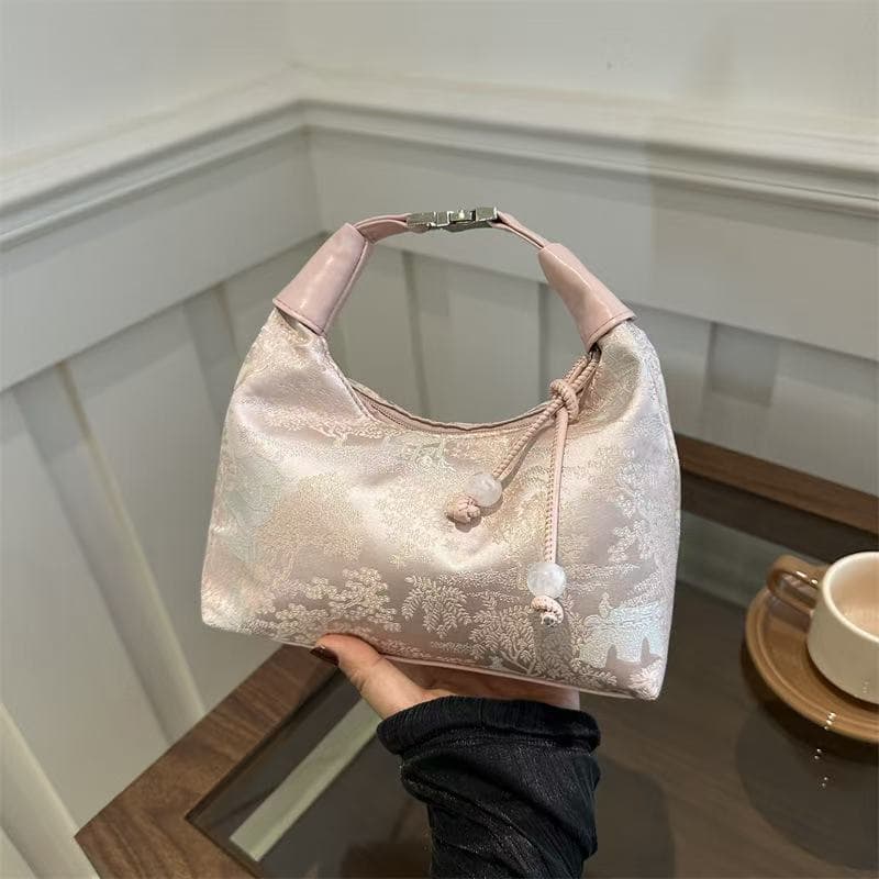 Sweet Embroidery Shoulder Bag Nylon Texture Pearl Pendant Crossbody Bag Small Bucket Handbag Women Girl pink