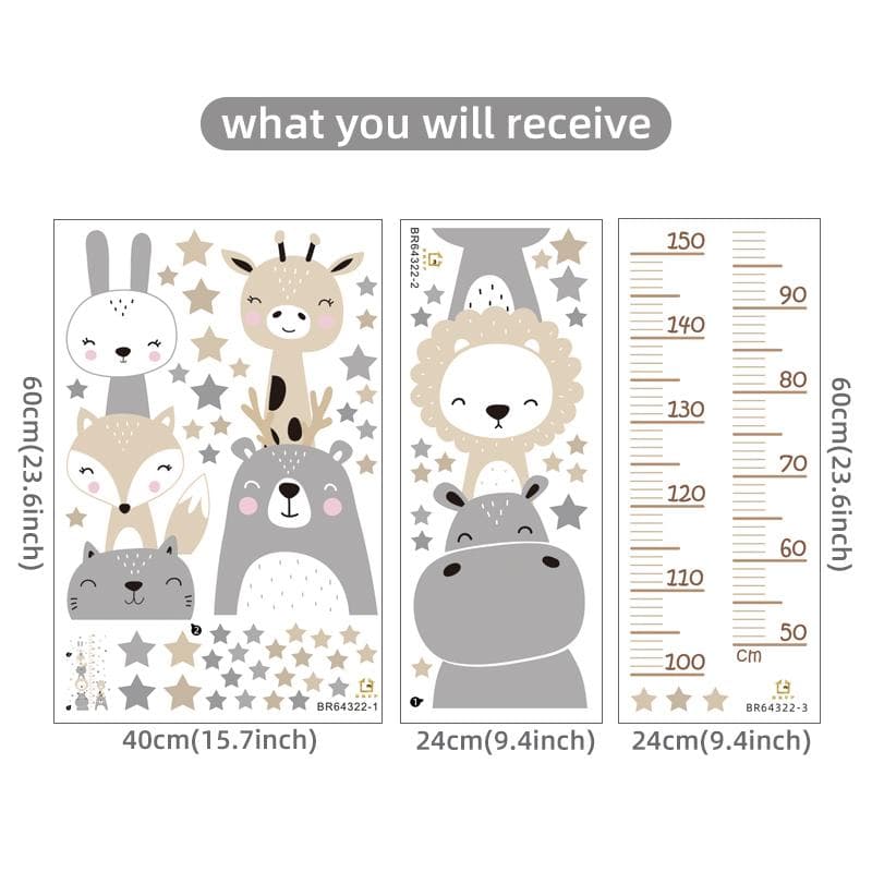 Cartoon Animals Bear Lion Deer Hippo Stars Height Ruller Wall Stickers For Kids Room Boy Girl Room Nursery Wall Decals