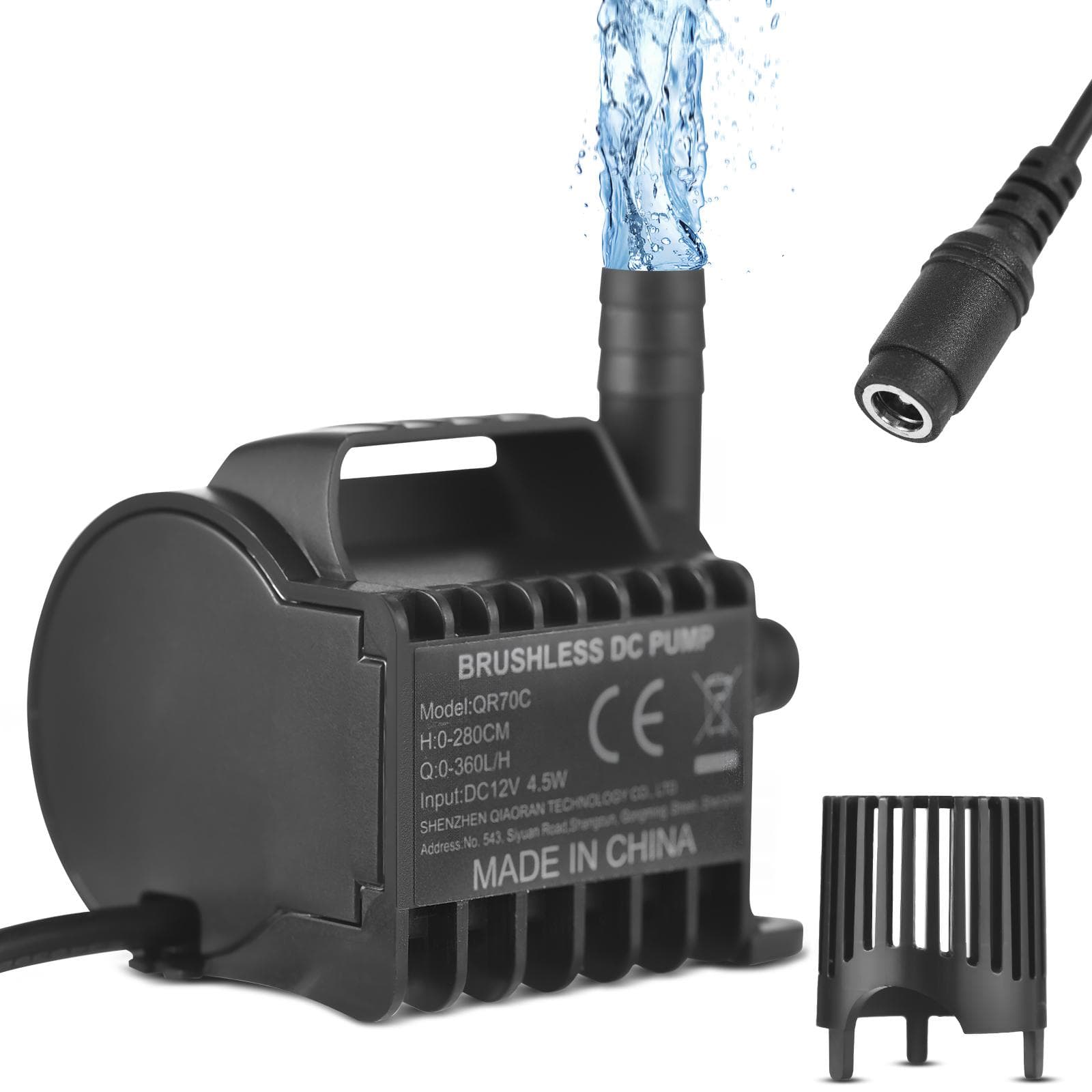 Submersible 12V Water Pump Electric 360L/H Small Fountain Pump with Max 9.2ft Lift, 6.5ft DC Female QR70C black
