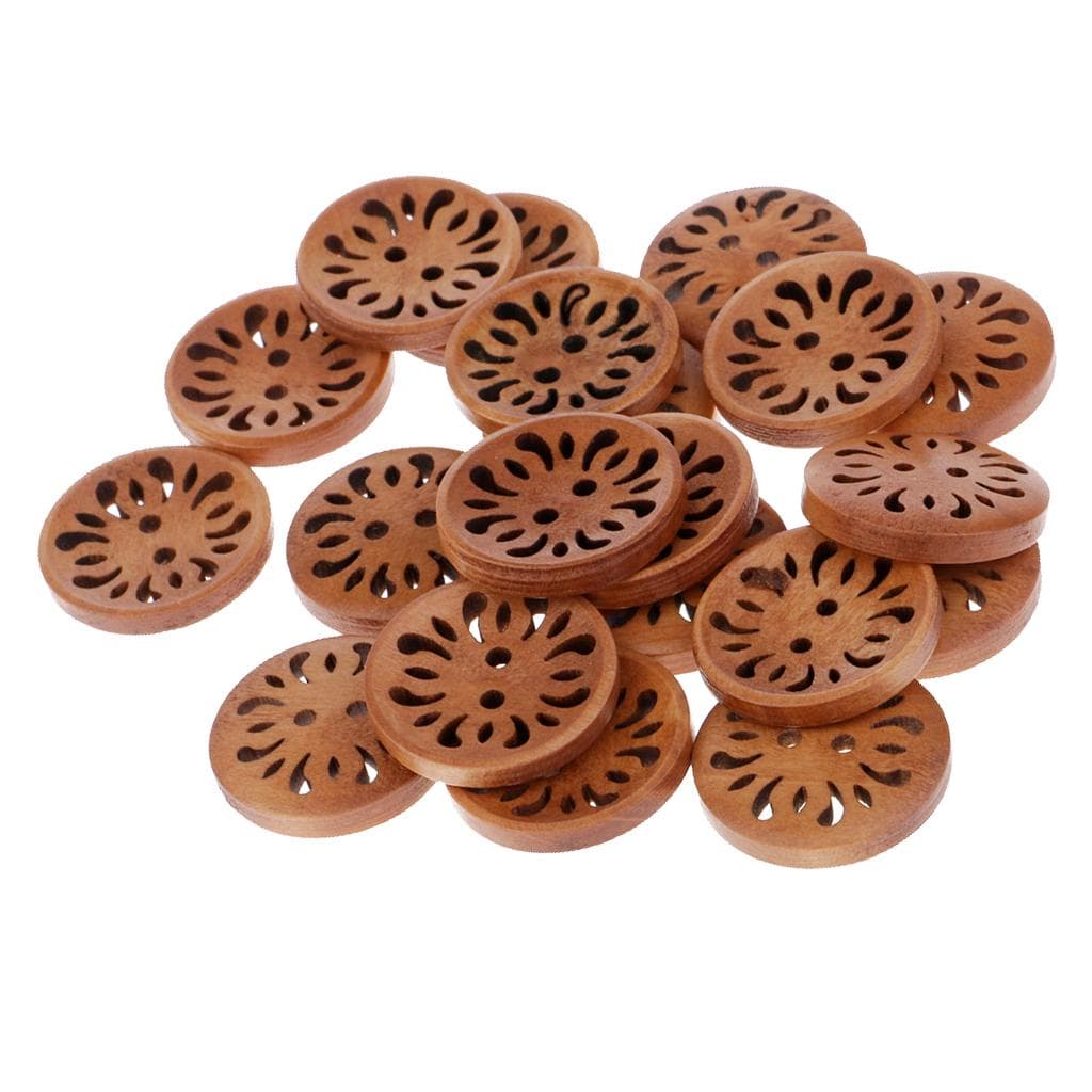 20pcs Handmade Hollow Pattern 2 Holes Wood Buttons For Sewing Lots 23mm brown