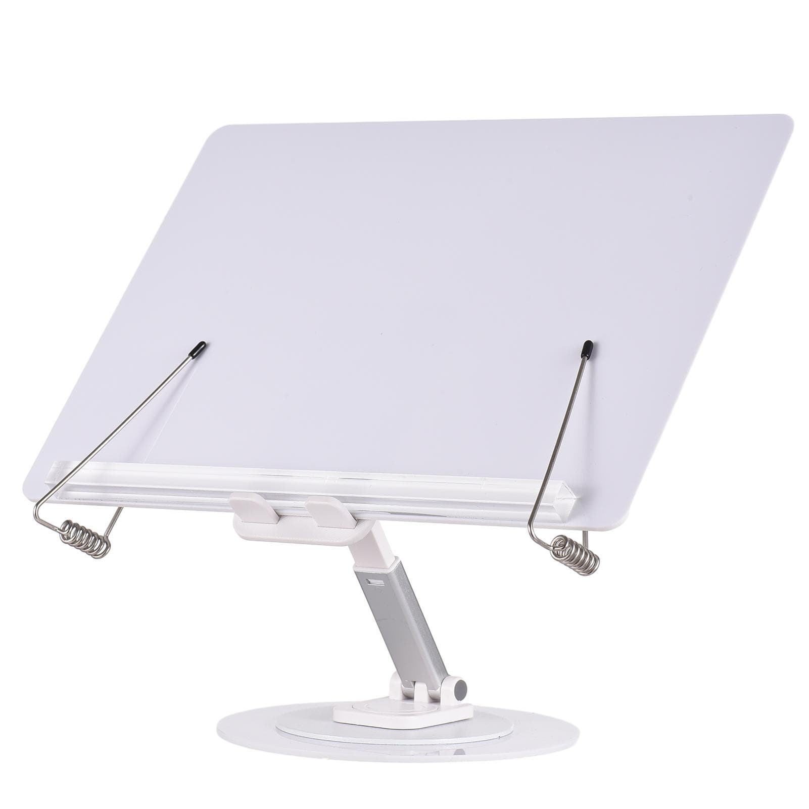 Desktop Book Stand for Reading with 360 degrees Rotating Base & Page Clips Foldable and Angle Adjustable Type 2 white
