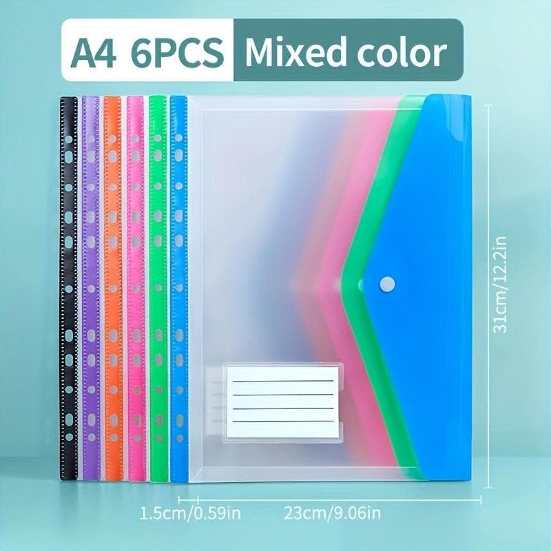 6 pcs Plastic envelope with adhesive snaps & 11 holes file folder expansion bag for 2/3/4 ring file bag and A4 school bag file multicolour