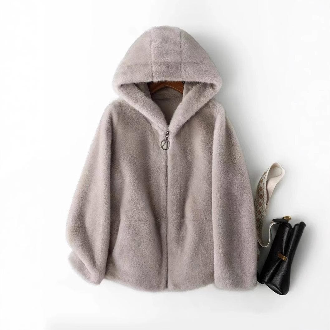 New Imitation Gold Mink Velvet Coat Women's Short Hooded Shenandoah Mink Imitation Mink Velvet Fur Coat L grey