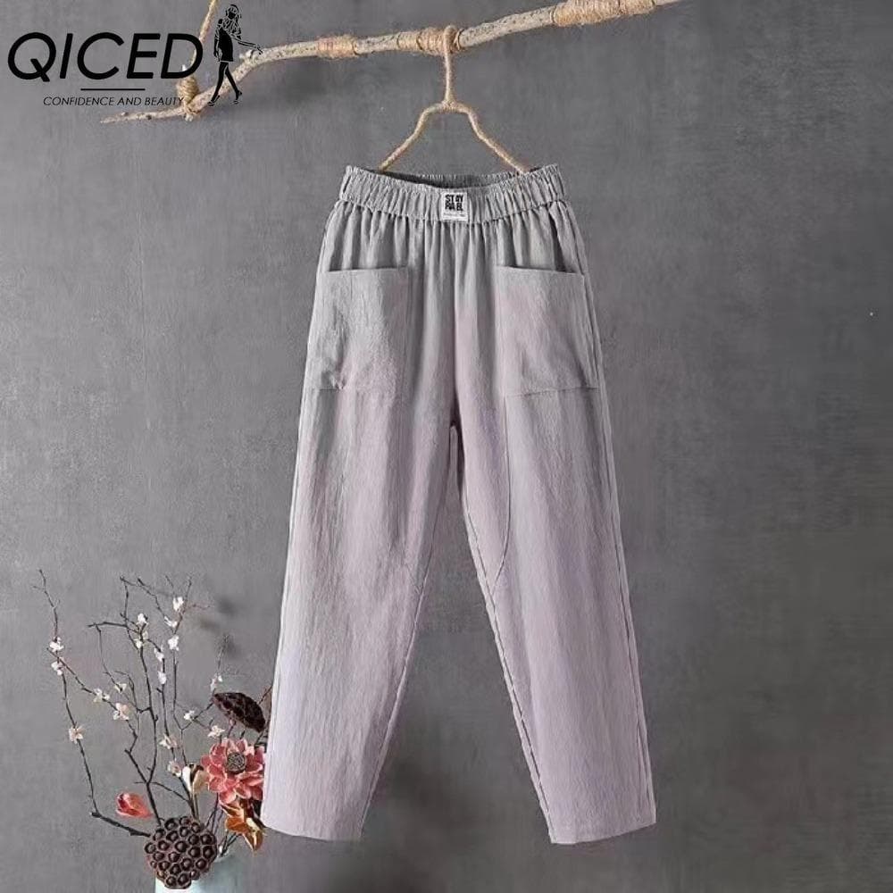 QICED Summer Women Trousers Casual Cotton Linen Pants Loose Straight Trousers Nine Point Harem Pants XXXXL grey