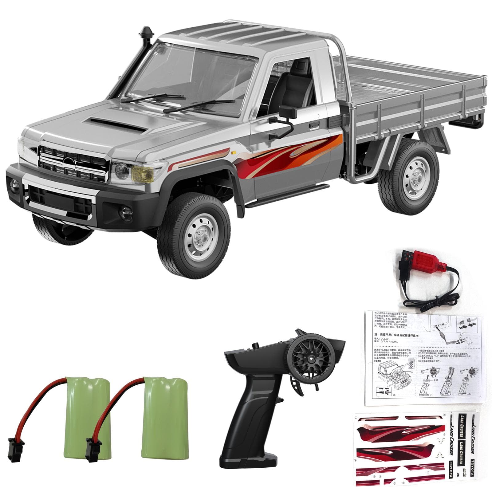 Remote Control Car, 2.4GHz Electric Vehicle with LED Lights, 1:14 Scale Rechargeable Pickup Truck 2 silver