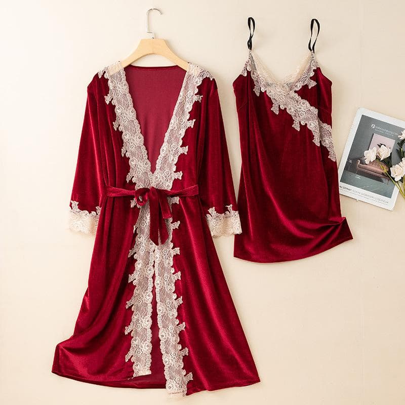 New Autumn Velvet Pajamas Two-piece Robe Set Feminine Lace See-through Robe Bathrobe Casual Velvet Home Clothes L