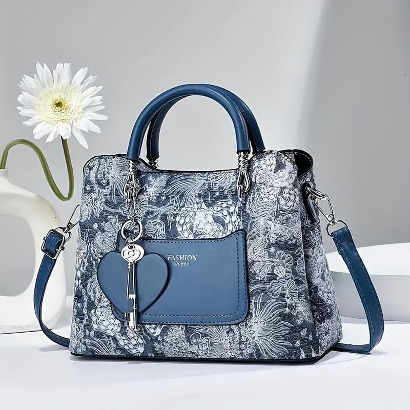 Chic Printed PU Leather Handbag For Women, Fashionable Dual-Strap Shoulder & Crossbody Bag, Versatile Everyday Tote & Purse blue