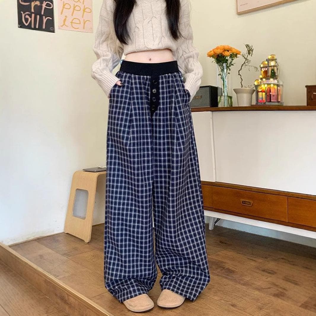 Retro Navy Blue Plaid Wide-leg Pants for Women In Spring and Summer Contrast Loose and Lazy Style Draped Straight-leg Casual Pants 4XL