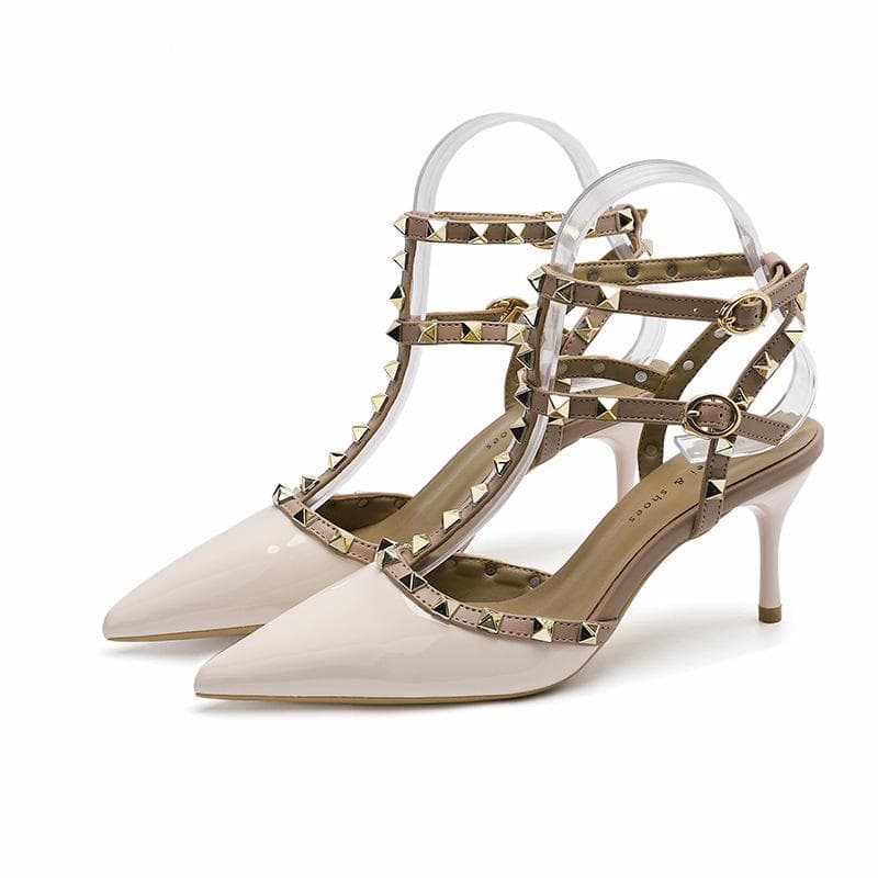 Lacquer Leather Rivet High-heeled Shoes Sexy Pointed High-heeled Sandals Headband Thin Heeled Sandals Women 35