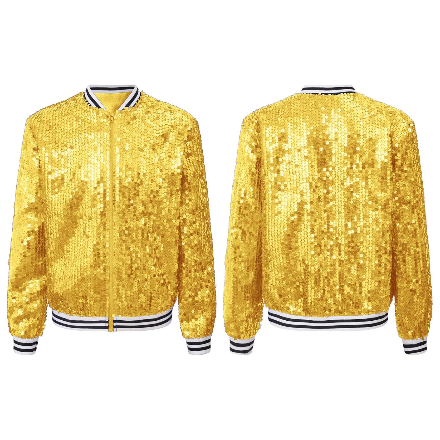Kids Girls Sequin Bomber Jackets Zip up Shiny Long Sleeve Flight Jacket Coat Outwear Hip Hop Outfits 15-16 Years gold