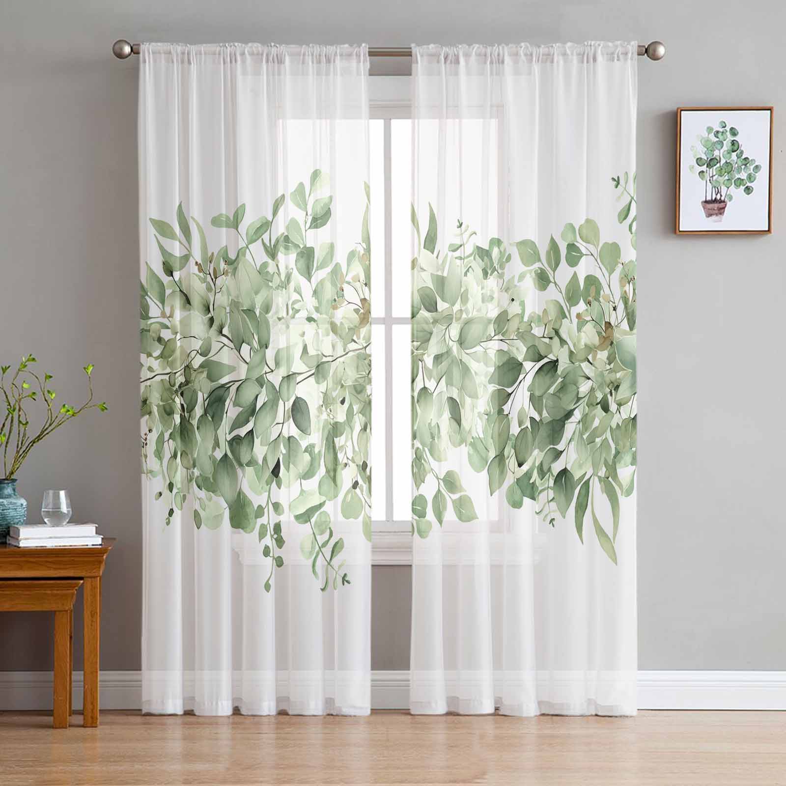 Spring Watercolor Plant Eucalyptus Leaf Window Tulle Curtains for Living Room Bedroom Hotel Luxury Decoration Sheer Curtains 135W x 114H(cm)