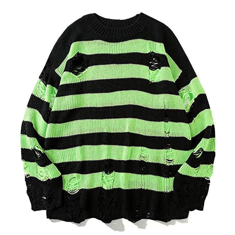 Black Stripe Sweaters Destroyed Ripped Sweater Men Pullover Hole Knit Jumpers Men Oversized Sweatshirt Harajuku Long Sleeve Tops XL black/green