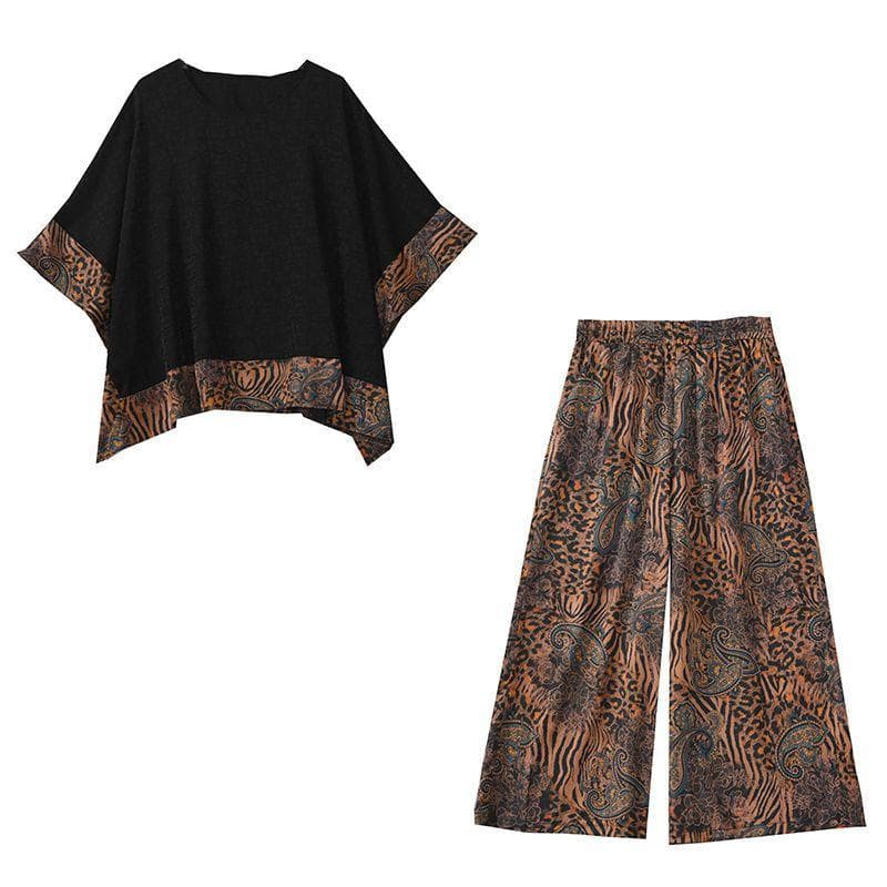 Fat Plus Size Wide Leg Pants 2 Piece Sets Women's Summer Loose 3/4 Sleeves Top Suit Mother's Plus Size 2pcs/set 4XL leopard/black