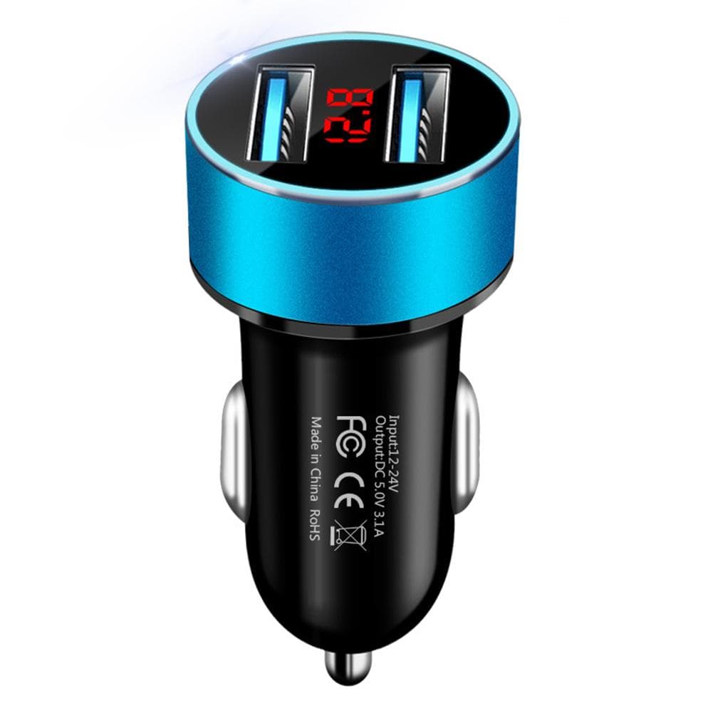 3.1A Dual USB Port LCD Display Car Mobile Phone Quick Charger blue