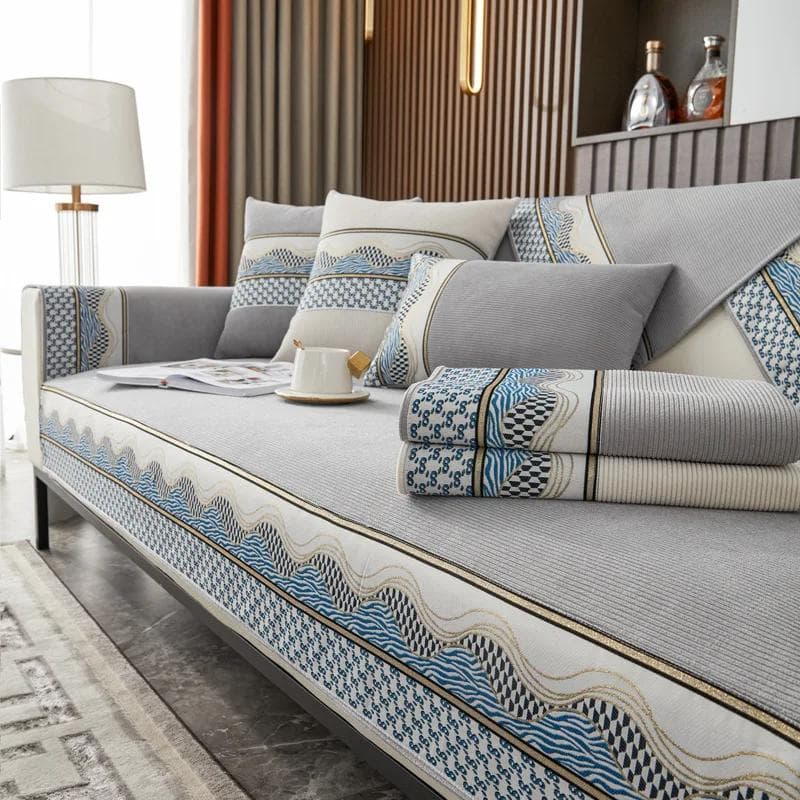 Waves Edge Sofa Cover Four Seasons Universal Chenille Sofa Pad Striped Sofa Mat for Living Room Non-Slip L Shaped Couch Cushion 70x70cm 1pcs