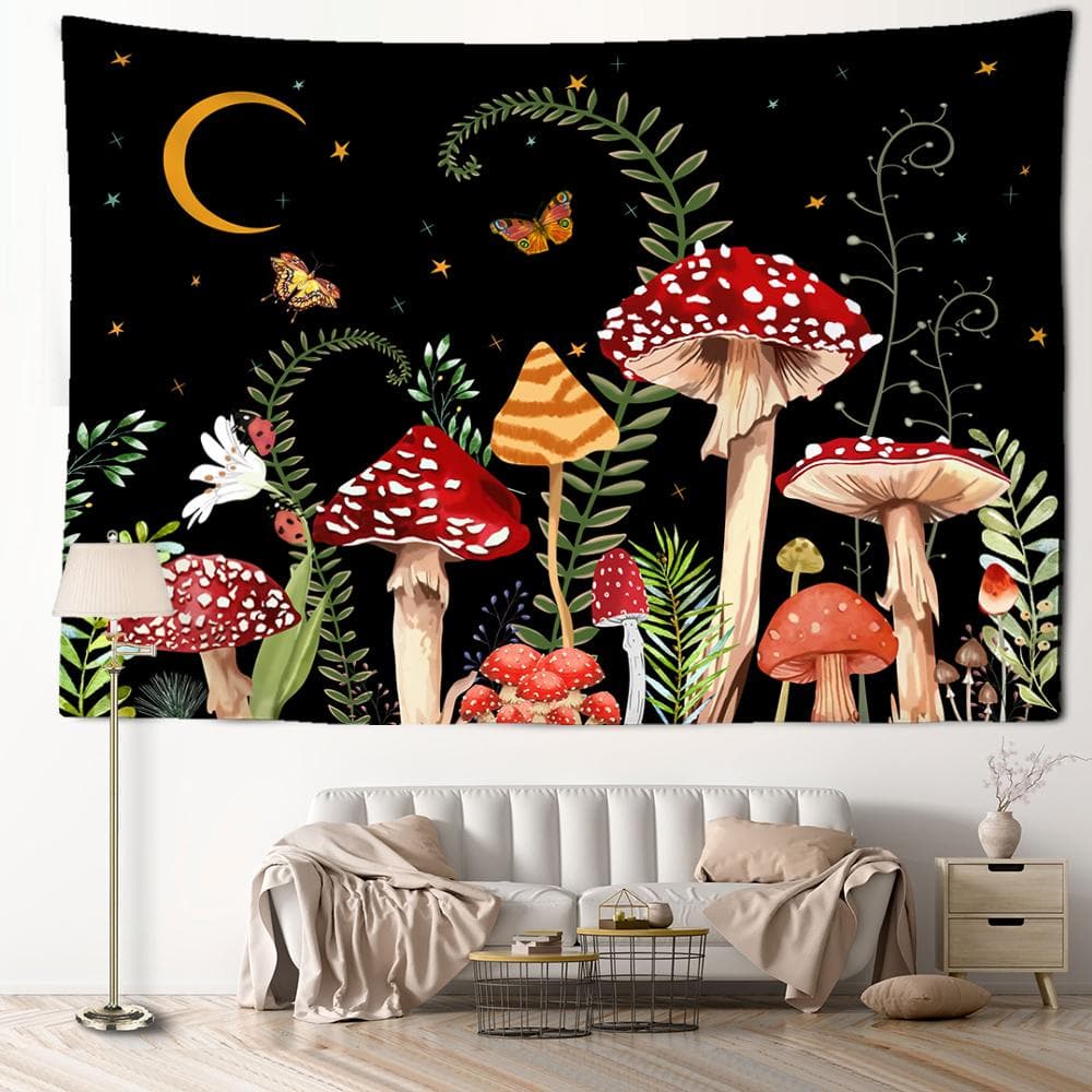 Butterfly Mushroom Illustration Tapestry Wall Hanging Bohemian Art Hippie Tapitz Living Room Bedroom Home Decor 95x73CM